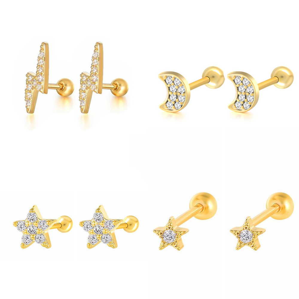 Flat Back Labret Stud - 1PC Star Moon Lightning Zircon Gold